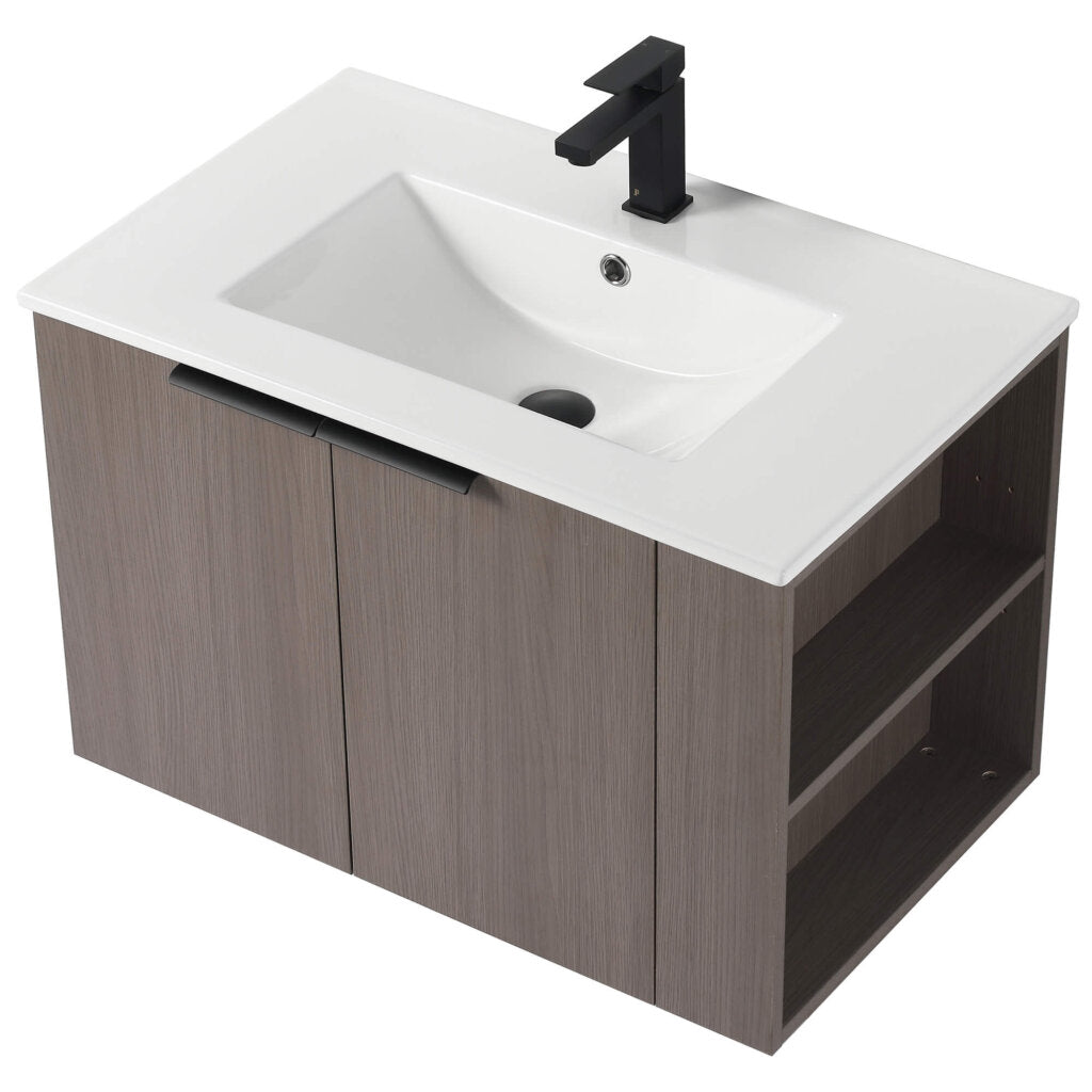 The Elmridge 30 Inch Wall Mounted Bathroom Vanity With Sink includes a stylish white rectangular sink and black faucet. Its wood-finished cabinet with black-handled doors and open side shelves provides ample storage, adding modern elegance to your bathroom.