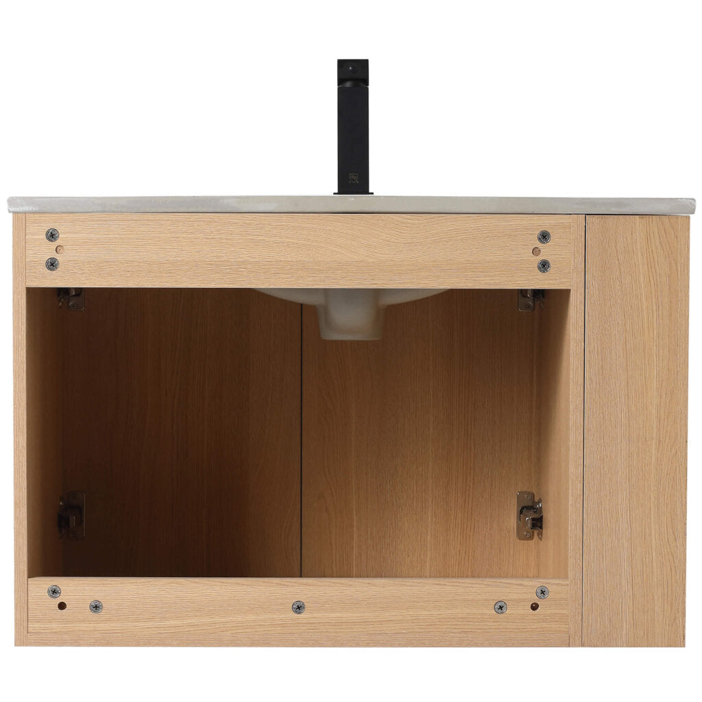 The Elmridge 30 Inch Wall Mounted Bathroom Vanity With Sink has a light wood base with open cabinet doors showing plumbing fixtures. Its countertop features a stylish faucet, and the visible hinges and screws enhance its rustic charm.