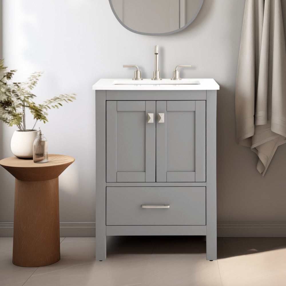 Alya Bath Vanea 24" Single Sink Freestanding Bathroom Vanity in Gray with White Quartz Top | ANVE Kitchen & Bath