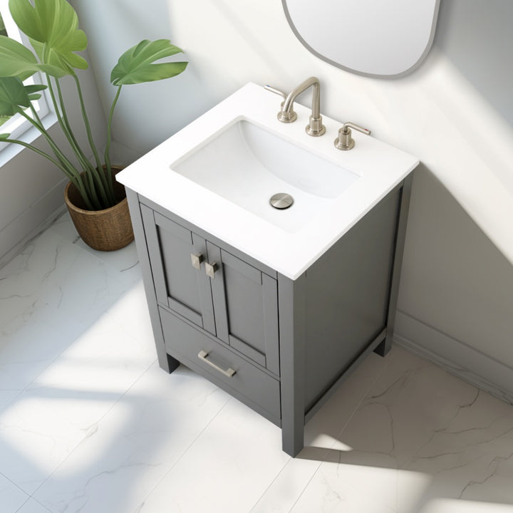 Alya Bath Vanea 24" Single Sink Freestanding Bathroom Vanity in Gray with White Quartz Top