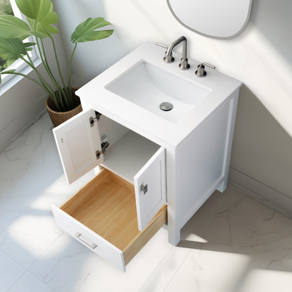 Alya Bath Vanea 24" Single Sink Bathroom Vanity in White with White Quartz Top