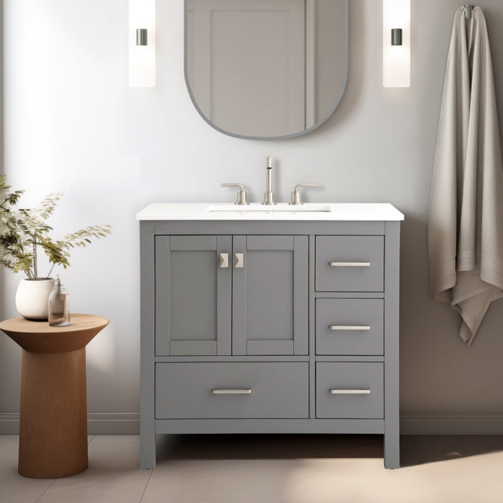 Alya Bath Vanea 36" Single Sink Freestanding Bathroom Vanity in Gray with White Quartz Top | ANVE Kitchen &amp; Bath