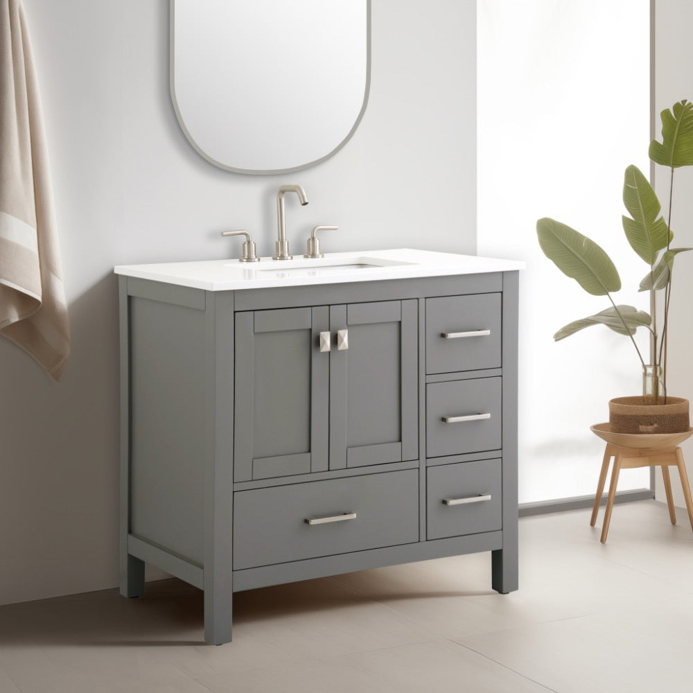 Alya Bath Vanea 36" Single Sink Freestanding Bathroom Vanity in Gray with White Quartz Top