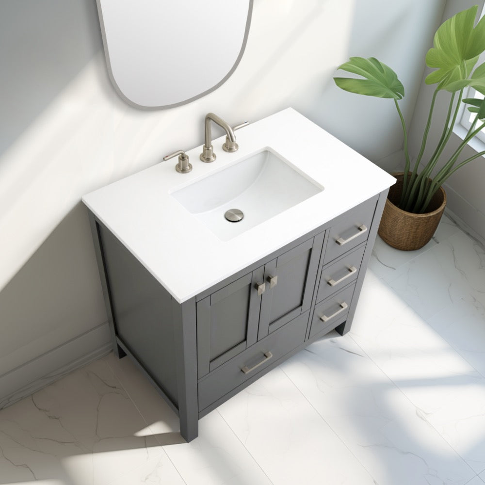 Alya Bath Vanea 36" Single Sink Freestanding Bathroom Vanity in Gray with White Quartz Top