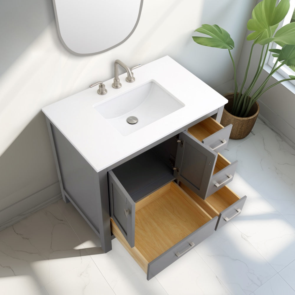 Alya Bath Vanea 36" Single Sink Freestanding Bathroom Vanity in Gray with White Quartz Top