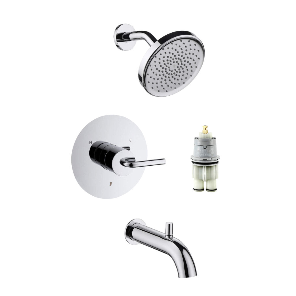 The GeoFlow Round Shower System features a chrome round showerhead, wall-mounted control handle, bath spout, and a separate small cartridge part, all shown against a white background.