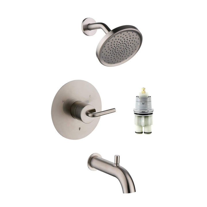 The GeoFlow Round Shower System features a brushed nickel finish, round showerhead, single-handle control with H/C markings, tub spout, and a separate cartridge valve, all shown against a white background.