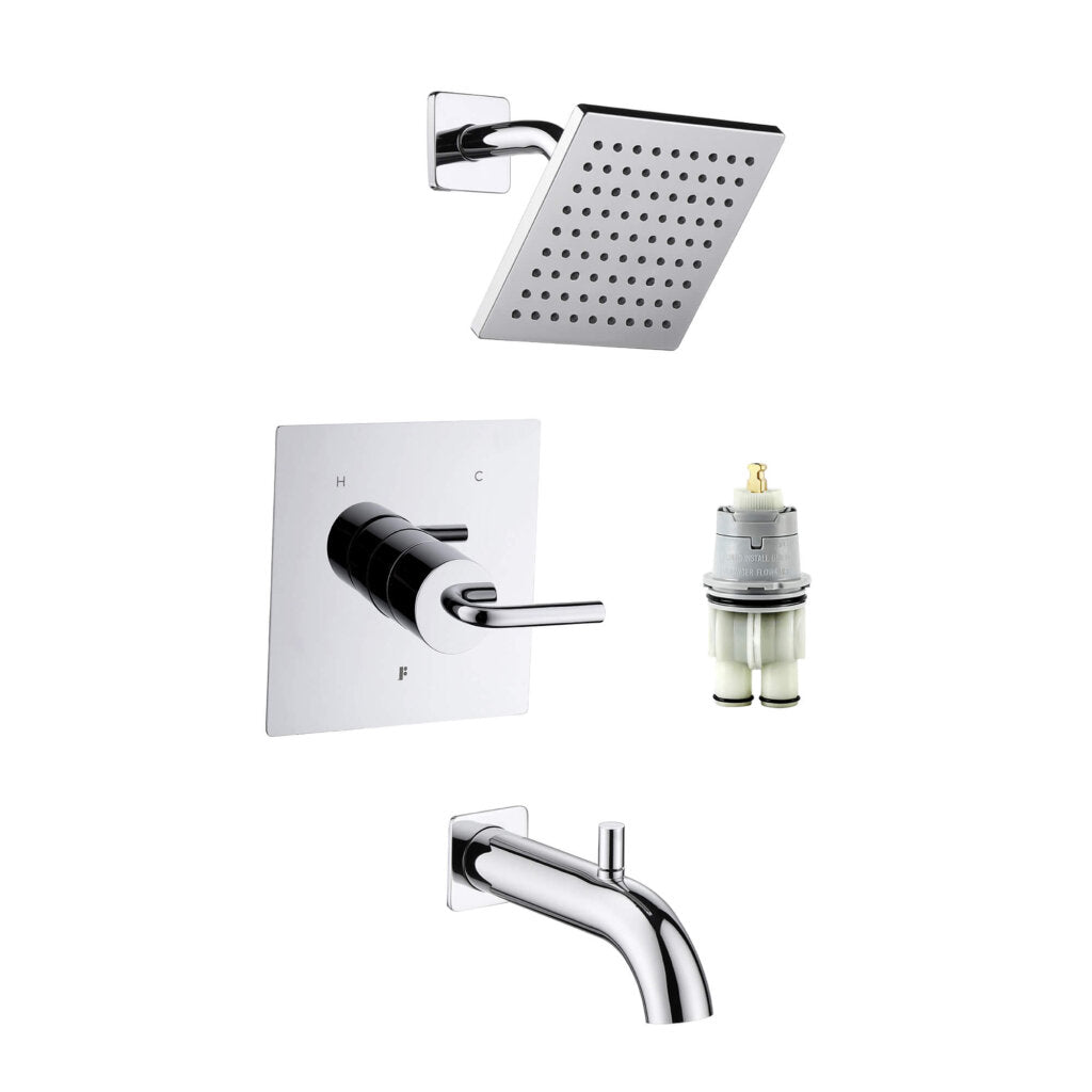 GeoFlow Square Shower System, shown on a white background, includes a chrome shower faucet set with square showerhead, square wall plate with handle, bathtub spout, and a separate white and gold valve cartridge.
