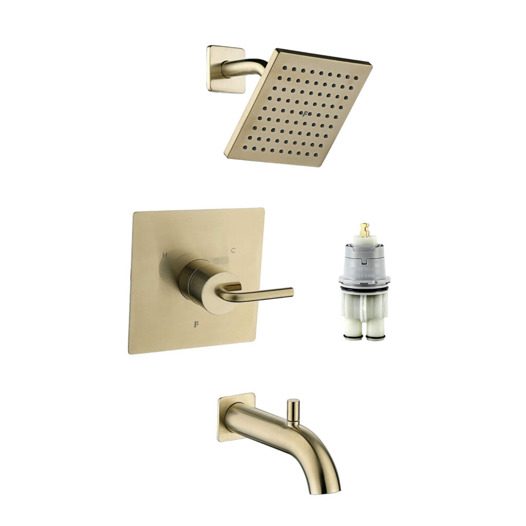 The GeoFlow Square Shower System in brushed gold includes a square showerhead, control handle on a square plate, tub spout, and cartridge, all elegantly displayed against a white background.