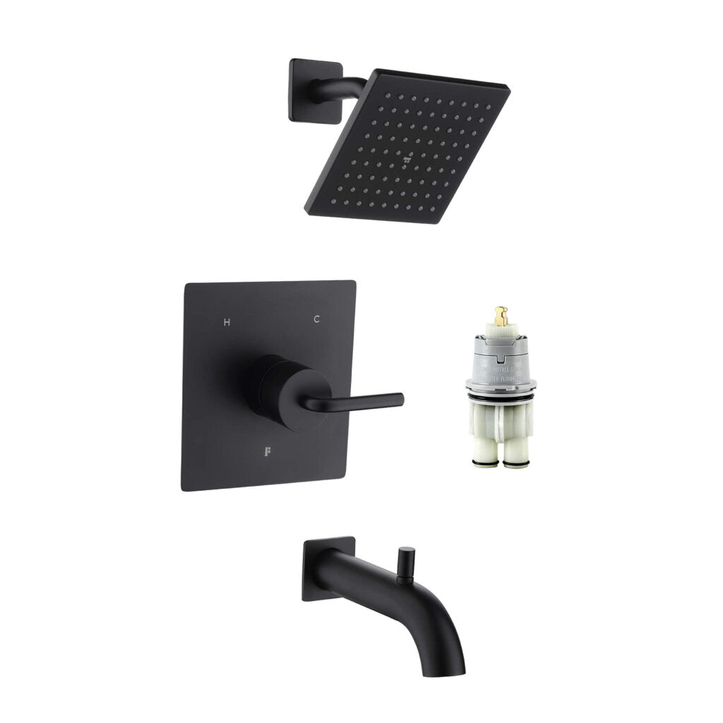 GeoFlow Square Shower System in matte black, showcasing a square showerhead, wall-mounted control on a square plate, bathtub spout, and white valve cartridge—all set against a crisp white background.
