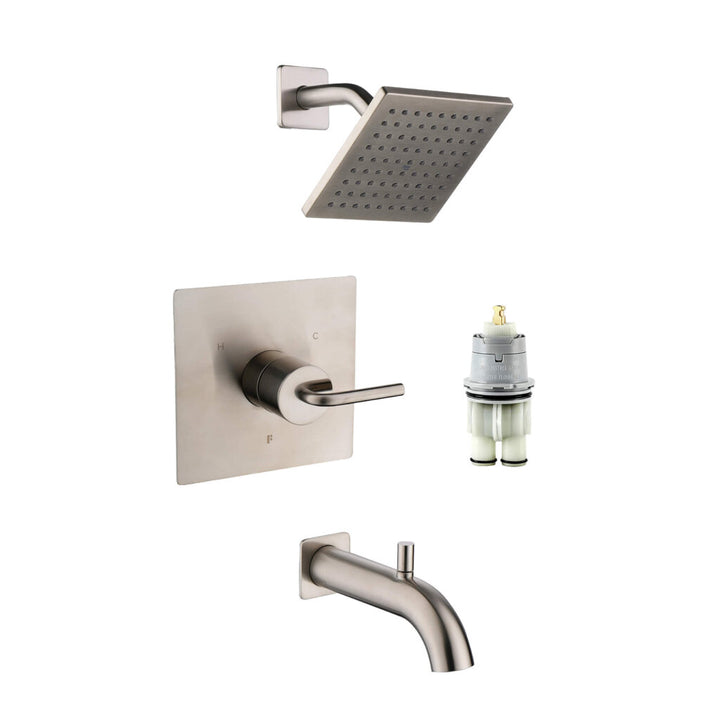 Brushed nickel GeoFlow Square Shower System with square showerhead, single lever on square plate, bathtub spout, and separate white cartridge valve, shown on a white background.