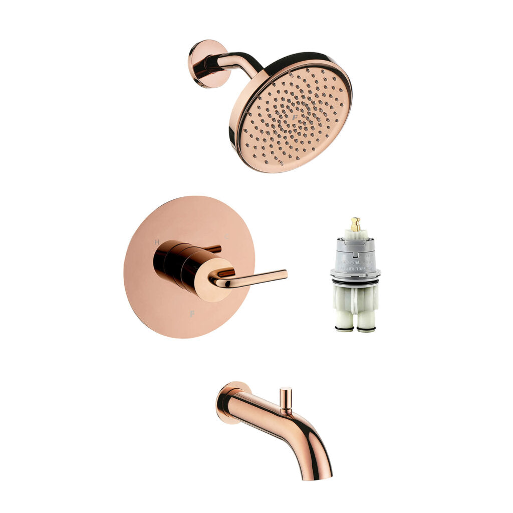 The GeoFlow Round Shower System includes a rose gold round showerhead, wall-mounted lever handle, bathtub spout, and separate valve cartridge, all displayed on a white background.