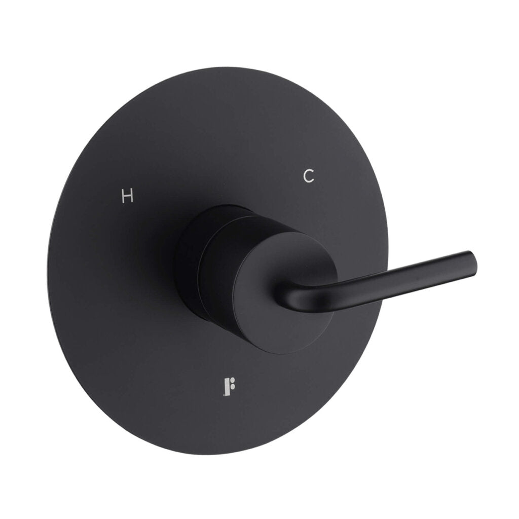 The GeoFlow Round Shower System features a matte black valve handle on a round plate, with H and C labels for hot and cold.