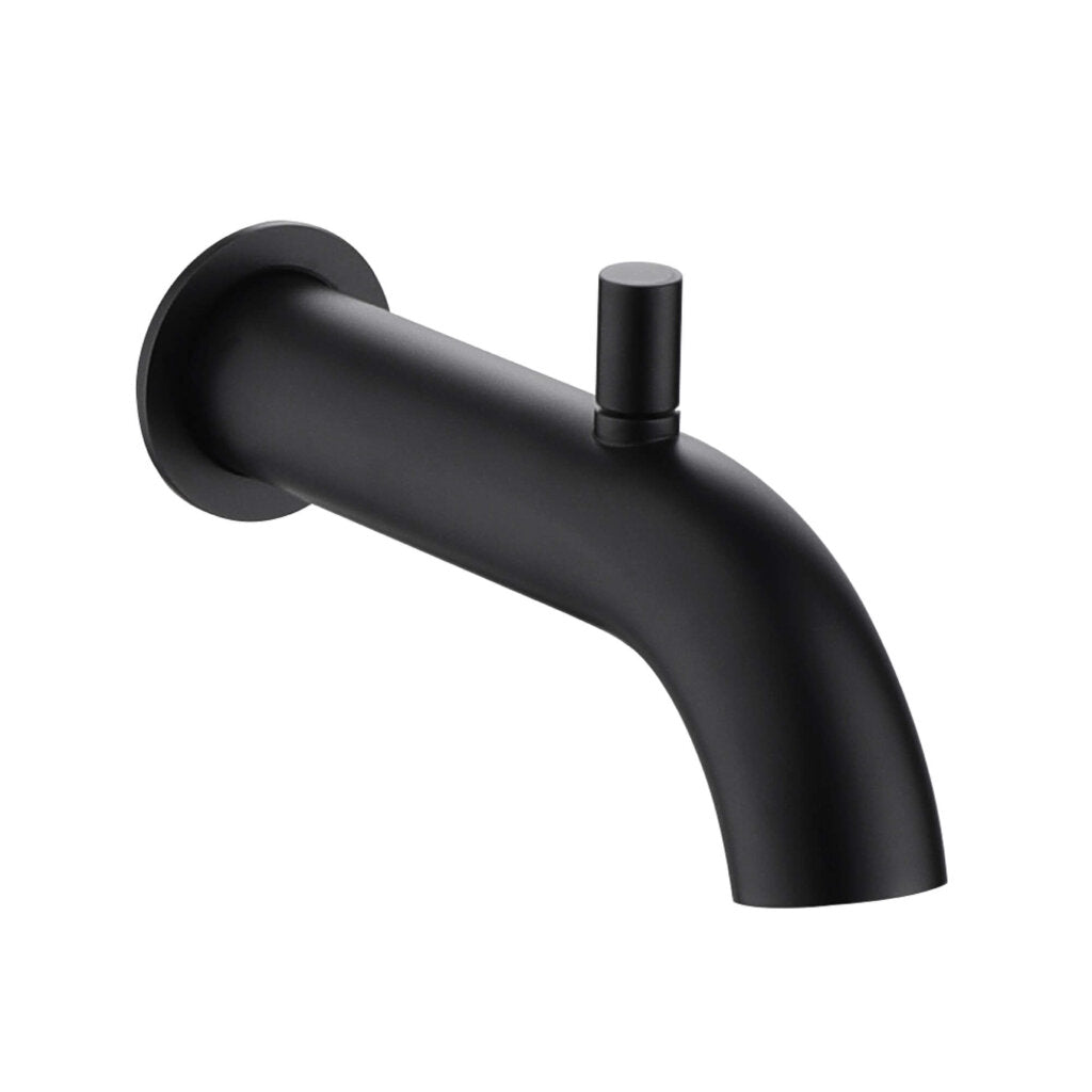 The GeoFlow Round Shower System features a matte black, wall-mounted bathtub spout with a rounded design and a lift-up diverter on top.