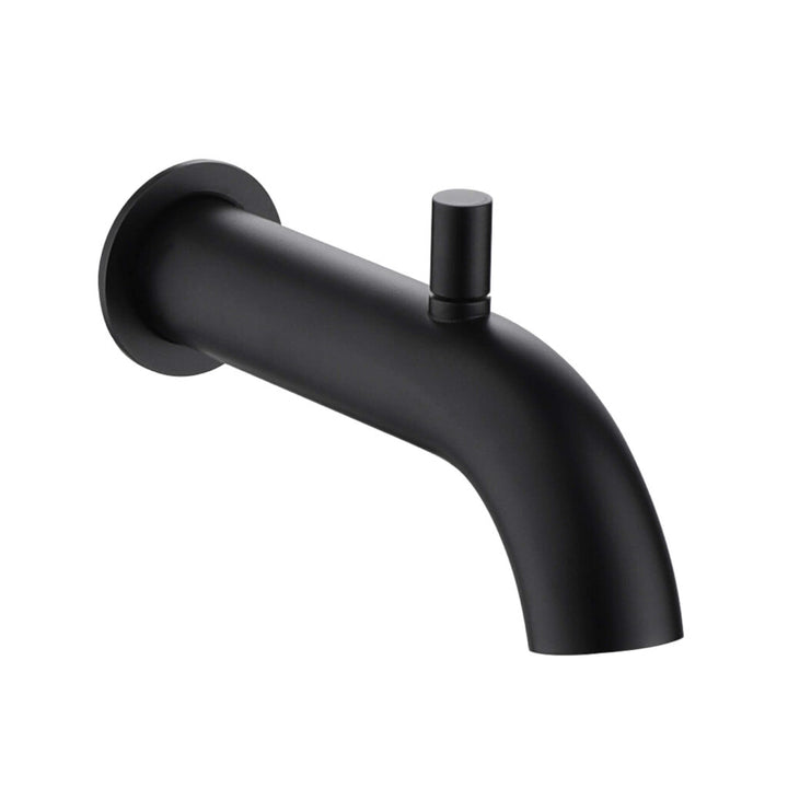 The GeoFlow Round Shower System features a matte black, wall-mounted bathtub spout with a rounded design and a lift-up diverter on top.