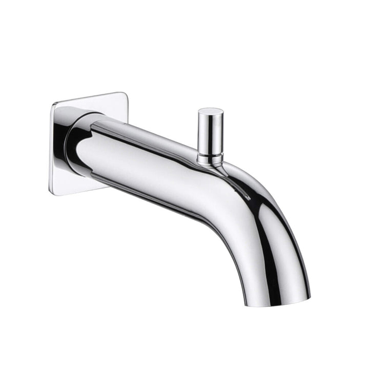 The GeoFlow Round Shower System features a modern chrome wall-mounted bathtub spout with a square base and top diverter lever, displayed against a white background.