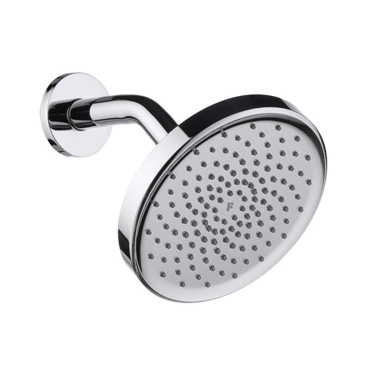 The GeoFlow Round Shower System is a chrome wall-mounted showerhead with a round, flat face featuring multiple small water nozzles in concentric circles.