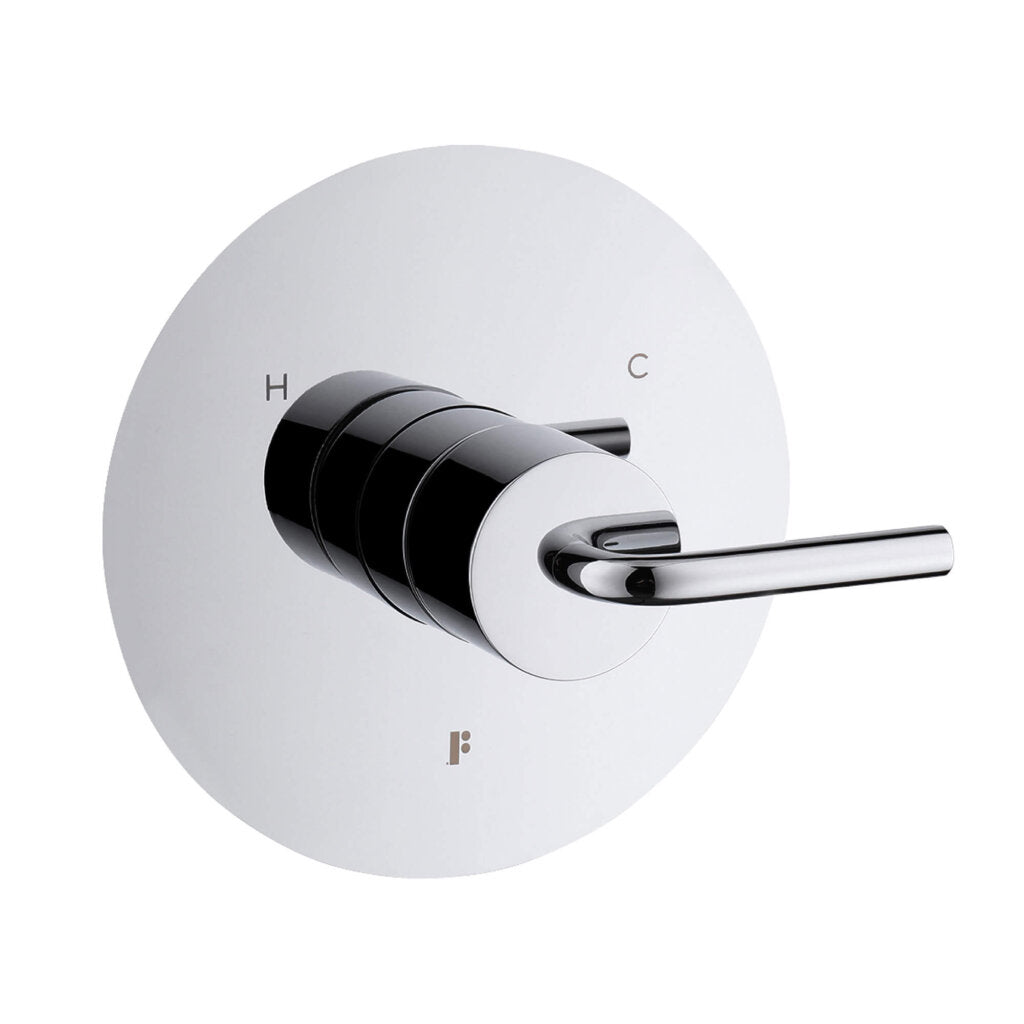The GeoFlow Round Shower System features a modern chrome single-lever mixer on a round plate labeled H and C for precise temperature control.