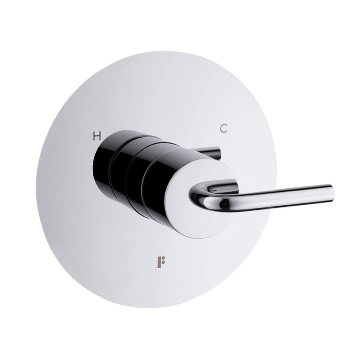 The GeoFlow Round Shower System features a modern chrome single-lever mixer on a round plate labeled H and C for precise temperature control.