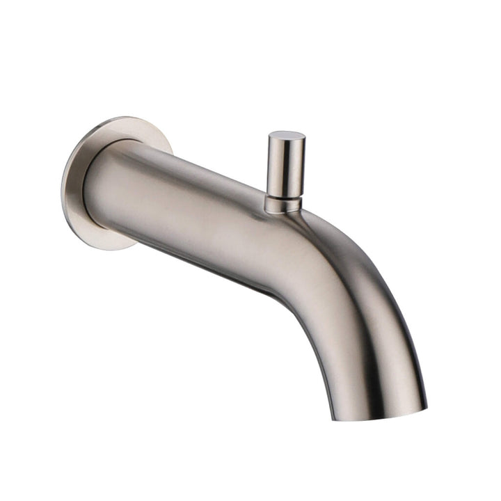 The GeoFlow Round Shower System features a stainless steel, wall-mounted bathtub spout with a curved design and an integrated diverter lever on top.