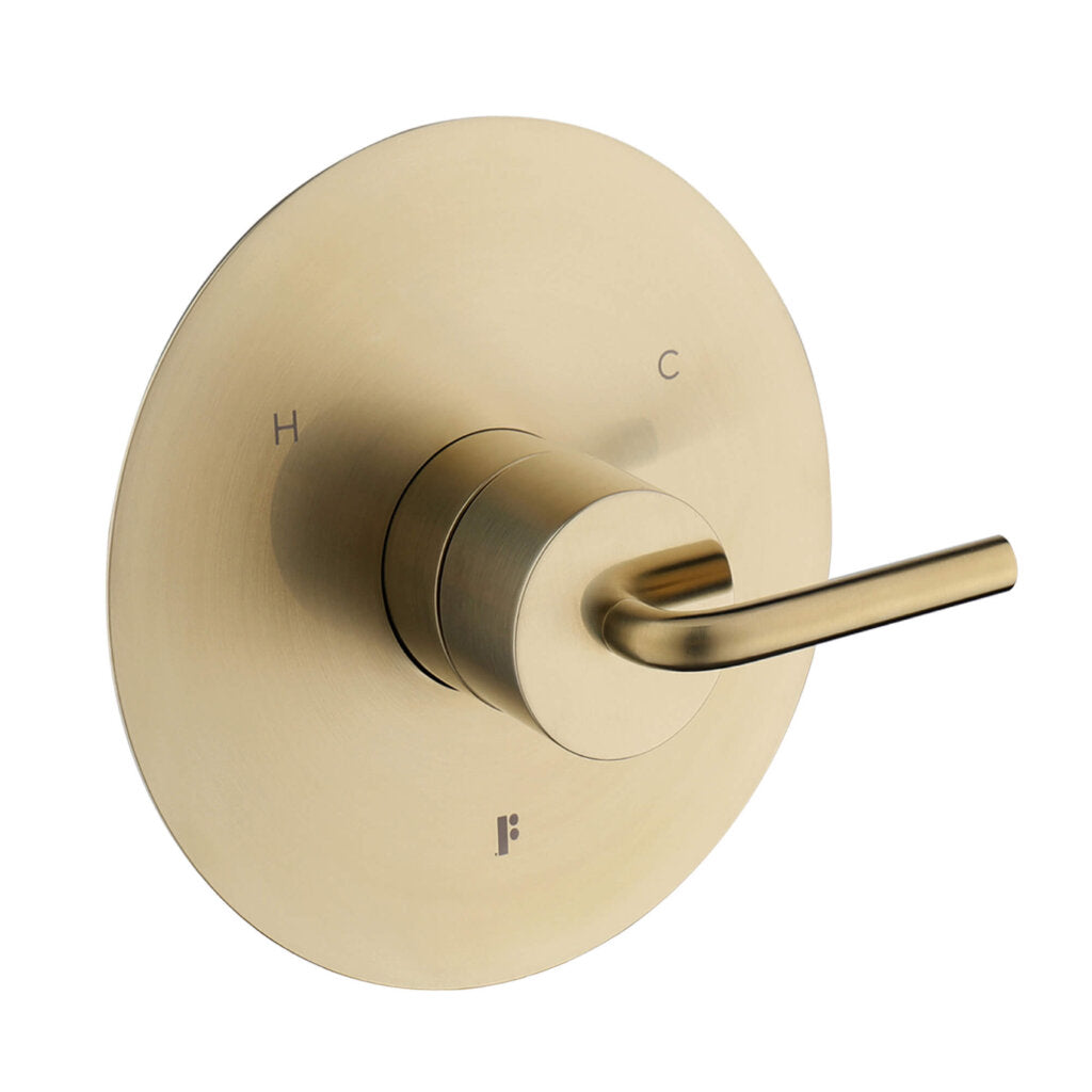 The GeoFlow Round Shower System features a brushed gold valve with a single lever handle on a round plate marked H for hot and C for cold.