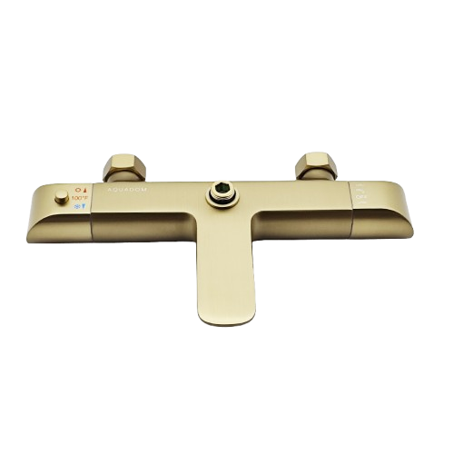 Gold-colored modern faucet mixer with central spout and two top-mounted hexagonal knobs featuring hot/cold temperature indicators, perfectly matches the Zen Thermostatic Shower Pipe System. Displayed on a plain white background.