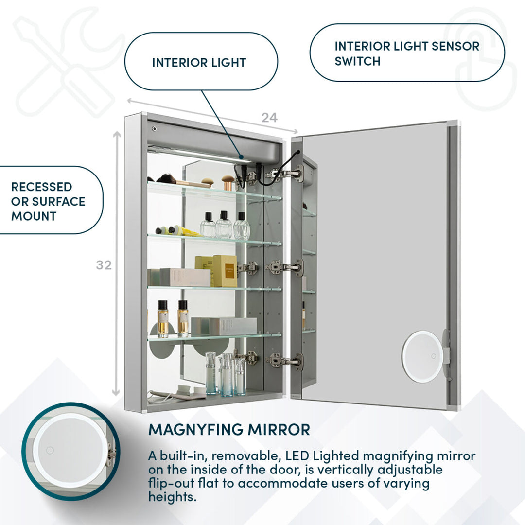 The Edge Royal 24 Inch Left Side LED Lighted Mirror Medicine Cabinet features an open mirrored door revealing glass shelves for toiletries, an interior LED light with sensor switch, and a round LED magnifying mirror mounted inside the door.