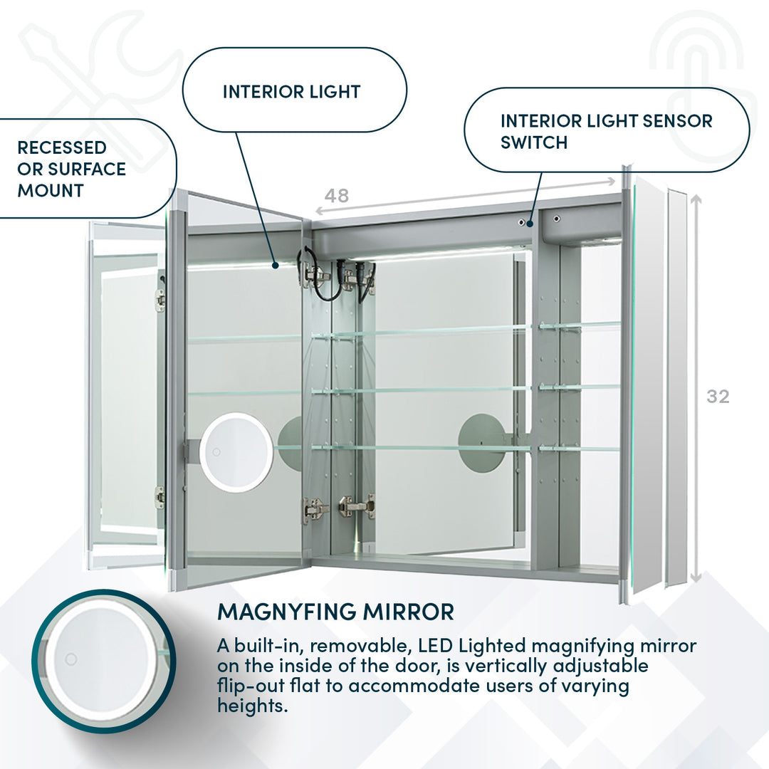 Edge Royale 48" x 32" LED Lighted Triple Door Medicine Cabinet