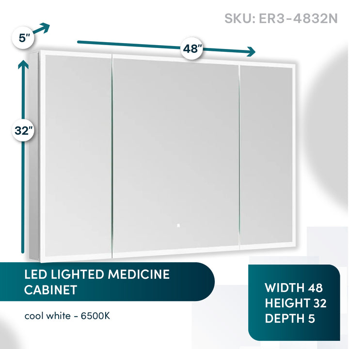 Edge Royale 48" x 32" LED Lighted Triple Door Medicine Cabinet