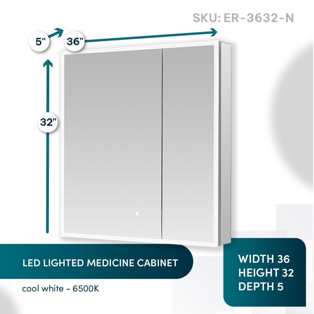 Edge Royal 36 Inch LED Lighted Mirror Medicine Cabinet, 36"W x 32"H x 5"D, features double mirrored doors and cool white 6500K illumination. SKU: ER-3632-N is displayed at the top right.