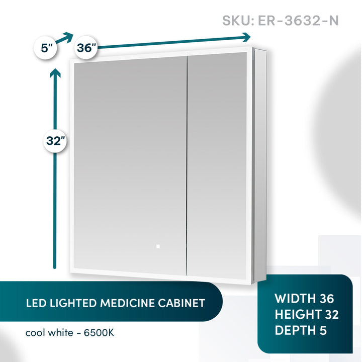 Edge Royal 36 Inch LED Lighted Mirror Medicine Cabinet, 36"W x 32"H x 5"D, features double mirrored doors and cool white 6500K illumination. SKU: ER-3632-N is displayed at the top right.