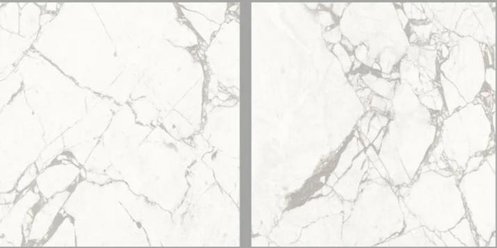 Two Bianco Carrara Porcelain Tiles, each with distinct gray veining: the left tile has fine, dispersed veins, while the right displays bold, concentrated veins—both highlighting unique patterns of this porcelain tile.