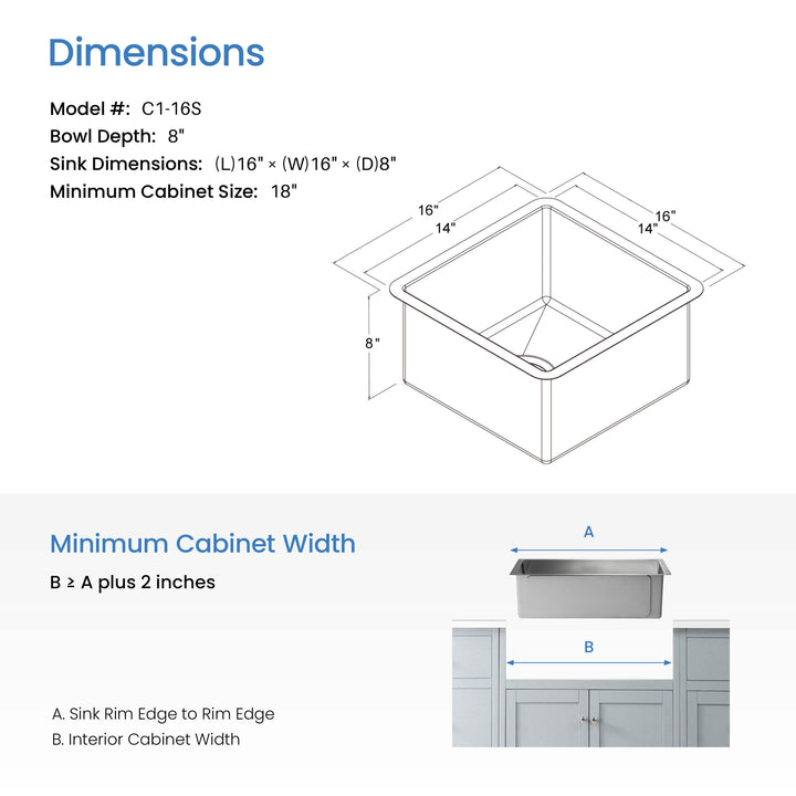 16" Undermount Single Bowl 16-Gauge Stainless Steel Kitchen Sink