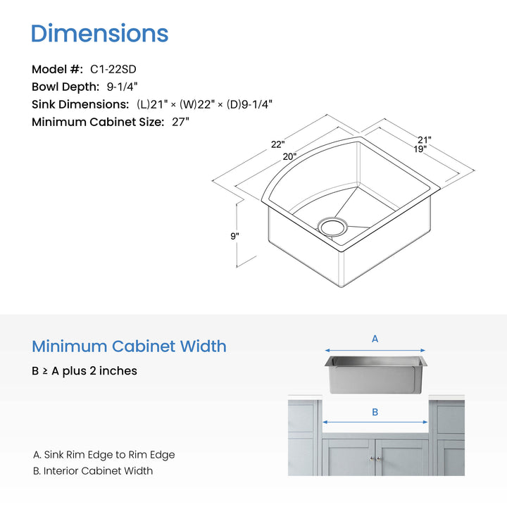 22" Undermount Single Bowl D-Shape 16-Gauge Stainless Steel Kitchen Sink