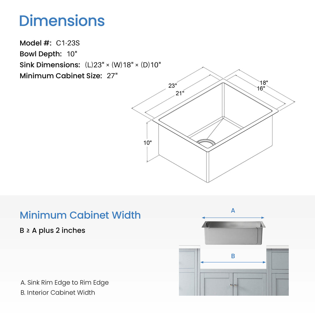 23" Undermount Single Bowl 16-Gauge Stainless Steel Kitchen Sink