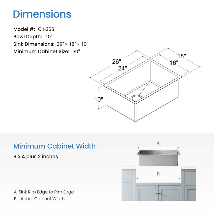 26" Undermount Single Bowl 16-Gauge Stainless Steel Kitchen Sink