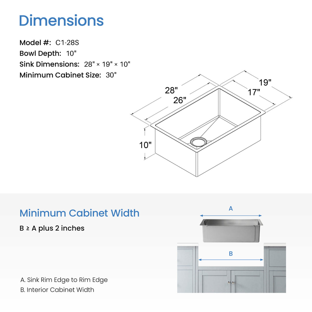 28" Undermount Single Bowl 16-Gauge Stainless Steel Kitchen Sink