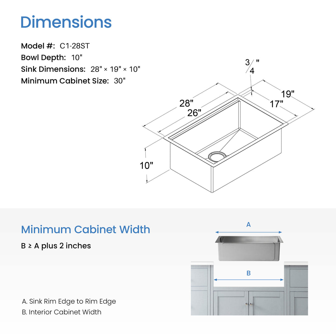 28" Undermount Single Bowl Stainless Steel Workstation Kitchen Sink