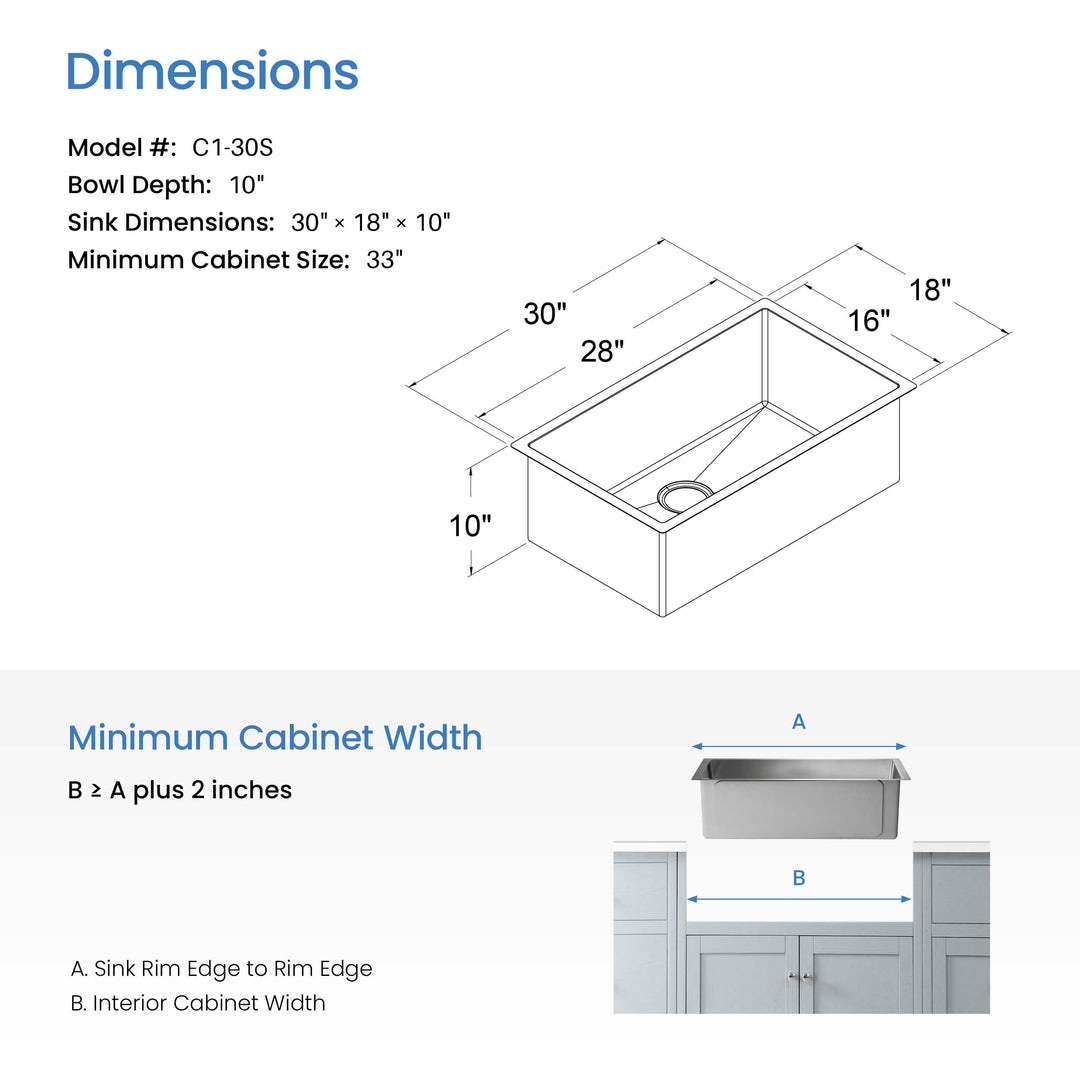 30" Undermount Single Bowl 16-Gauge Stainless Steel Kitchen Sink