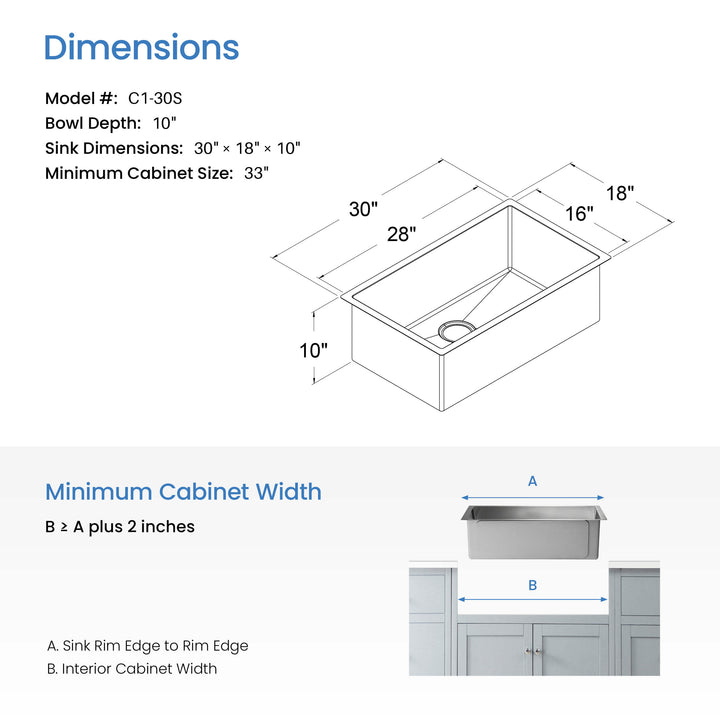 30" Undermount Single Bowl 16-Gauge Stainless Steel Kitchen Sink