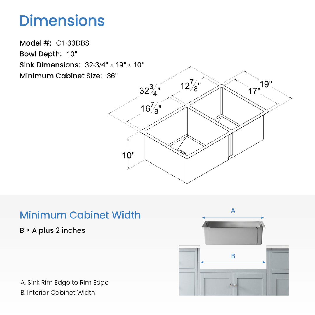 32 3/4" Undermount Double Bowl Stainless Steel Kitchen Sink in 33DBS