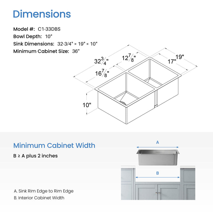 32 3/4" Undermount Double Bowl Stainless Steel Kitchen Sink in 33DBS