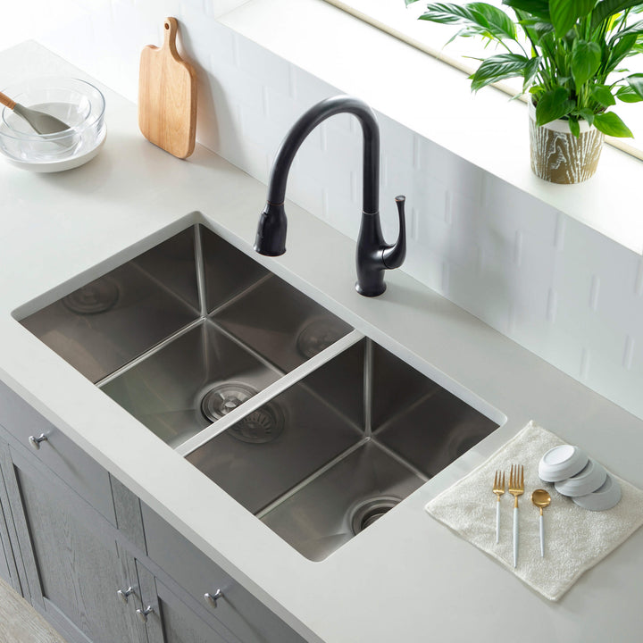 32 3/4" Undermount Double Bowl Stainless Steel Kitchen Sink in 33DBS