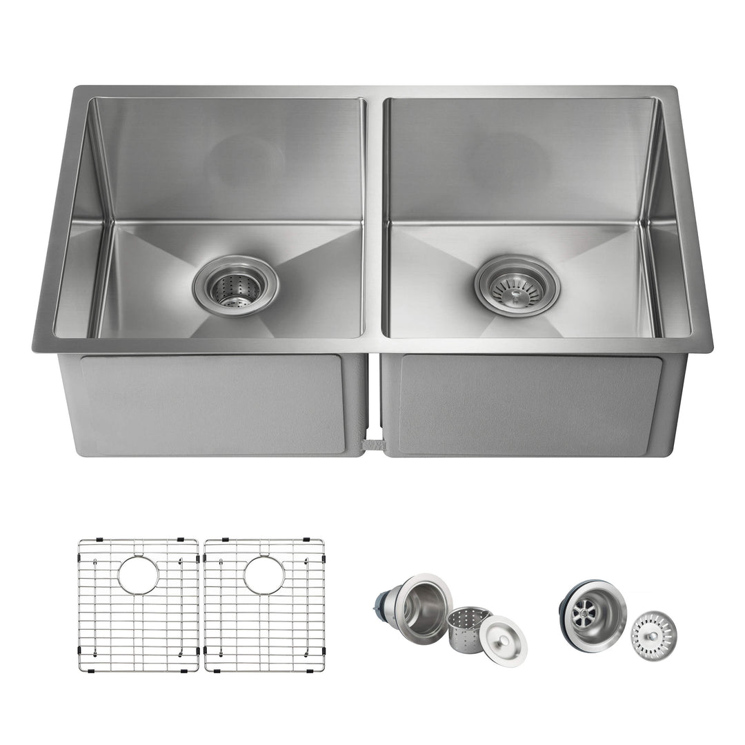32 3/4" Undermount Double Bowl Stainless Steel Kitchen Sink in 33DEQ | ANVE Kitchen & Bath