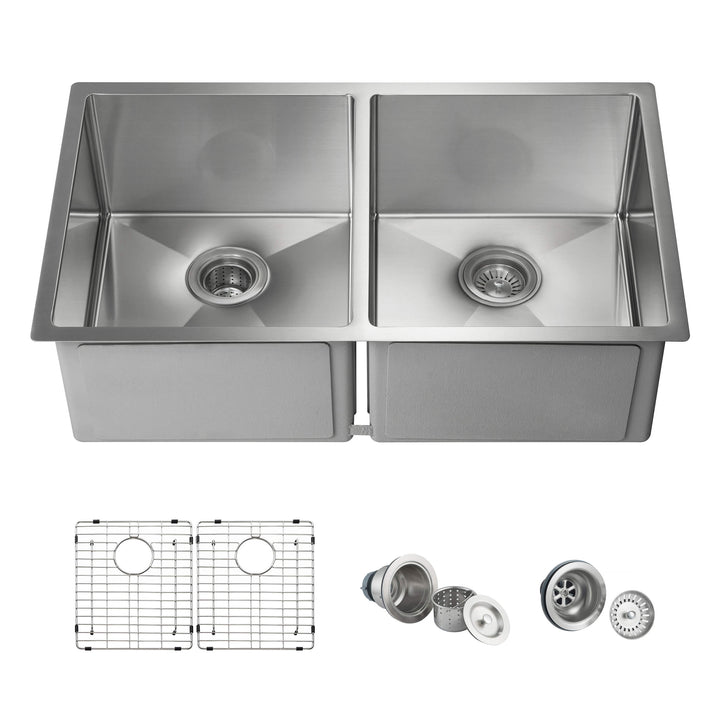 32 3/4" Undermount Double Bowl Stainless Steel Kitchen Sink in 33DEQ | ANVE Kitchen &amp; Bath