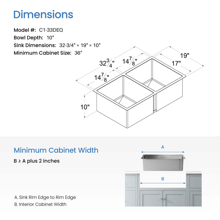 32 3/4" Undermount Double Bowl Stainless Steel Kitchen Sink in 33DEQ
