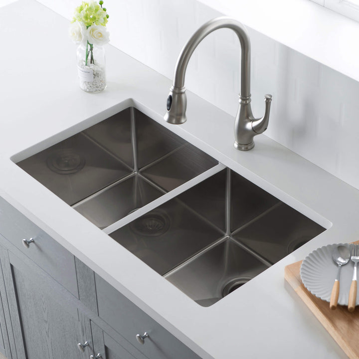 32 3/4" Undermount Double Bowl Stainless Steel Kitchen Sink in 33DEQ