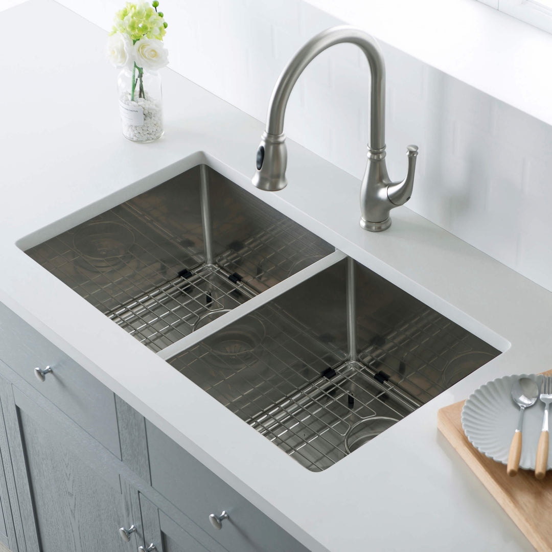 32 3/4" Undermount Double Bowl Stainless Steel Kitchen Sink in 33DEQ
