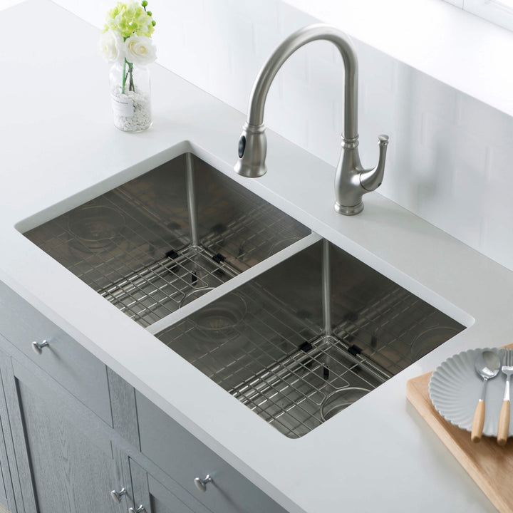 32 3/4" Undermount Double Bowl Stainless Steel Kitchen Sink in 33DEQ