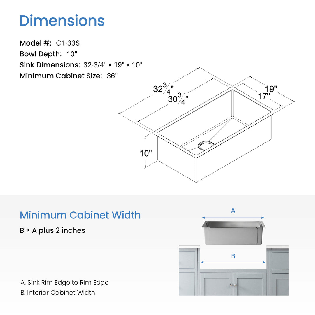 32 3/4" Undermount Single Bowl 16-Gauge Stainless Steel Kitchen Sink